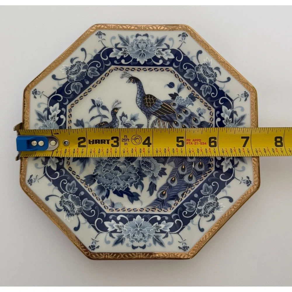 Vintage Eiwa Japan Peacock & Peony Raised Enamel Blue Octagon Plate Gold Trim 7½
